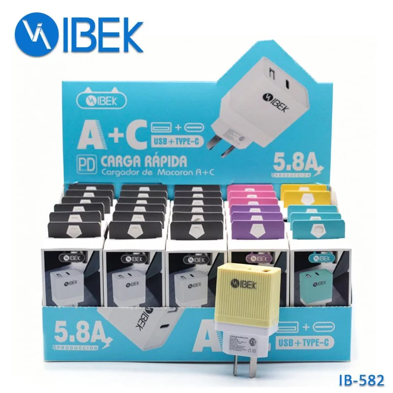   CARGADOR CABEZAL 20W 5.8A IBEK TIPO C + USB CAJA X 30 UNID