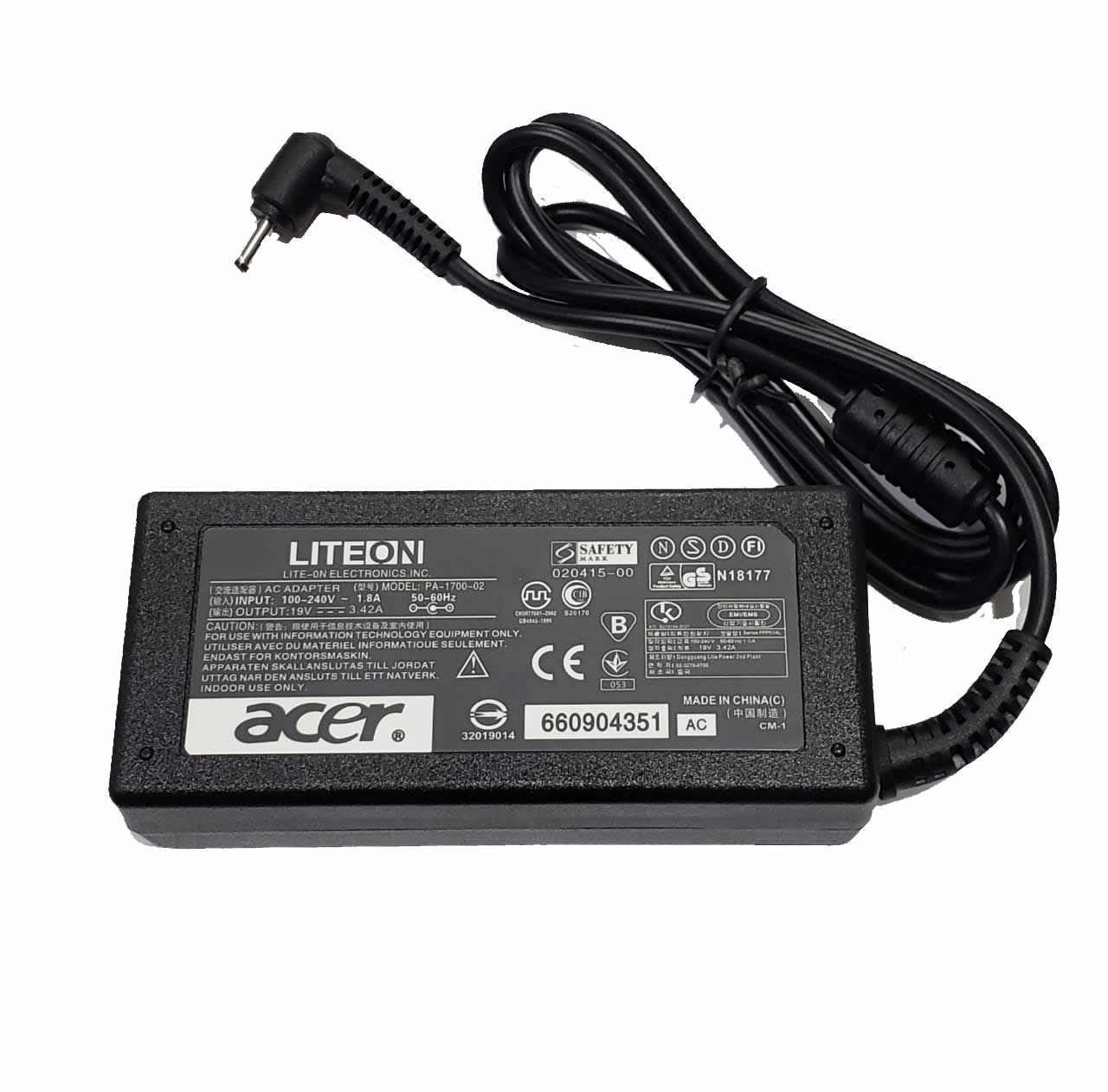   CARGADOR NOTEBOOK REPLICA ACER 45W 19V 2.37A 3.0X1.0 S/CABLE *