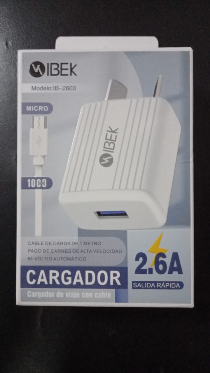   CARGADOR MICRO USB V8 2.6A CABLE DESMONTABLE IBEK IB-2603 *